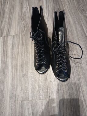 Allegra K Black Lace-Up Peep-Toe Boots